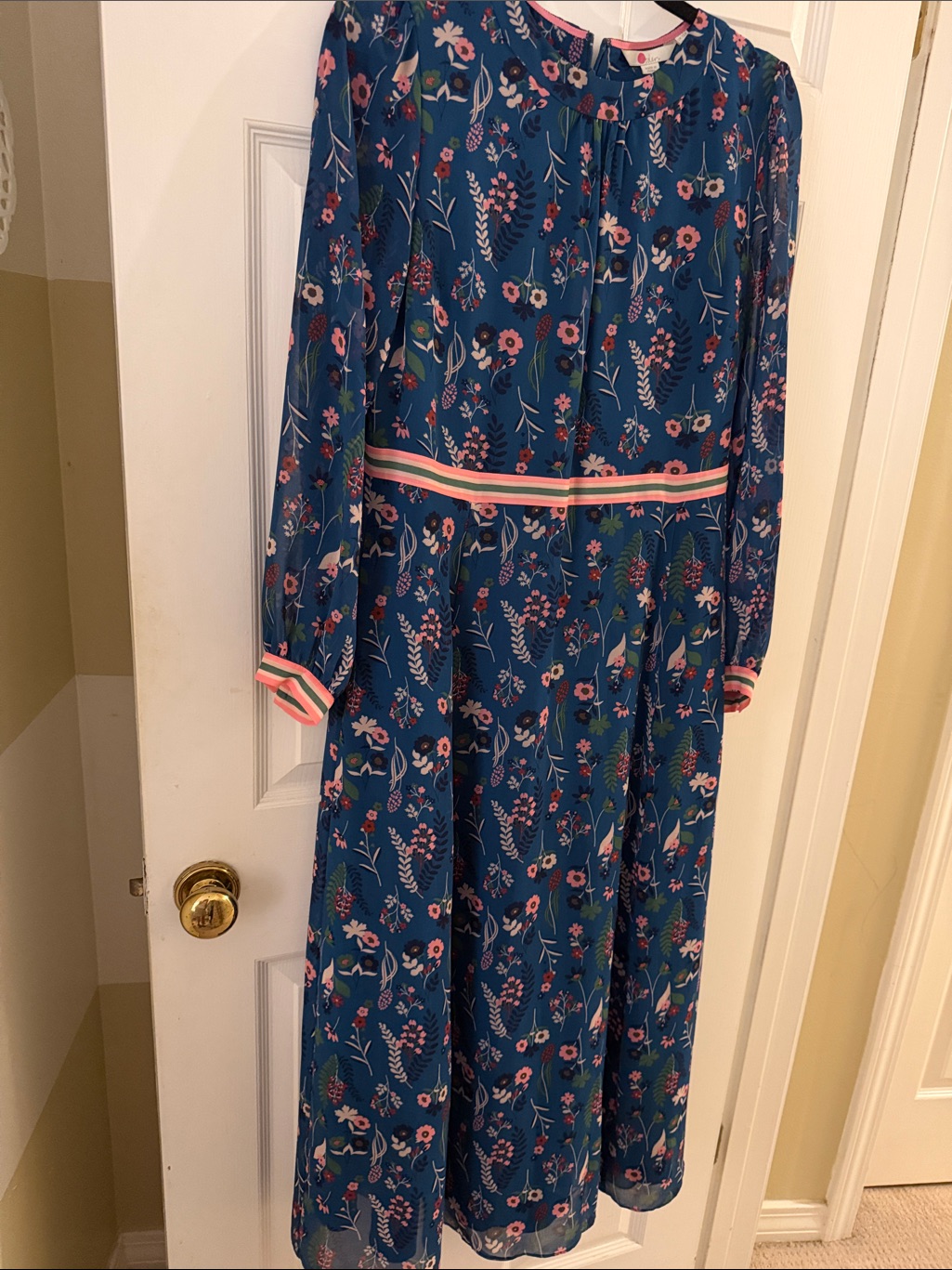 Boden Blue Floral Midi Dress With Pink Trim